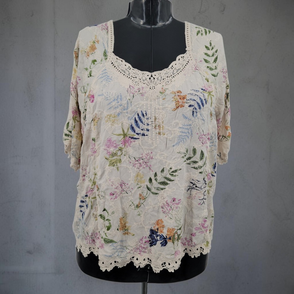 Solitaire Floral Crochet Top Women 1X Ivory Embroidered Boho Cottagecore Peasant